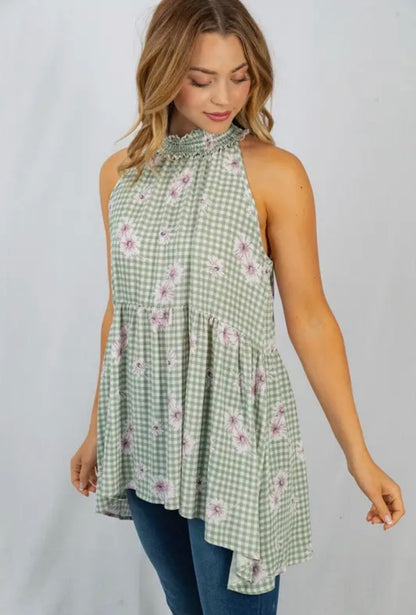 Gingham Sleeveless top: Sage