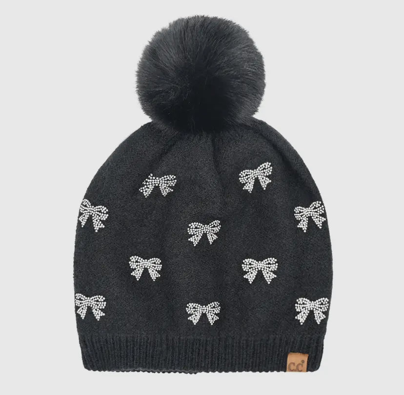 Mini Bows Rhinestone CC Pom Beanie: Black