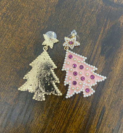 Pink Rhinestone Christmas Earrings