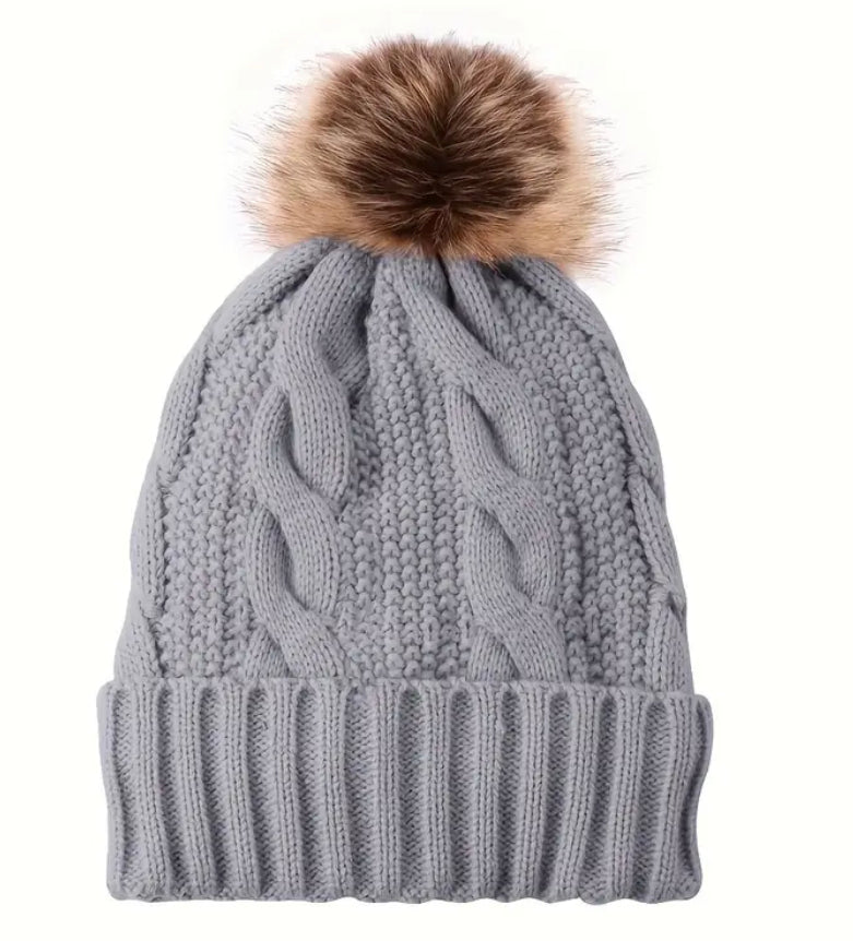 Gray pom knit beanie