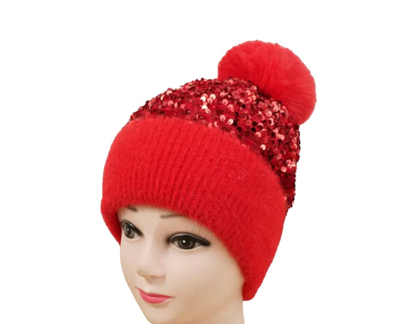 Glitzy Glam Pom Beanie: Red