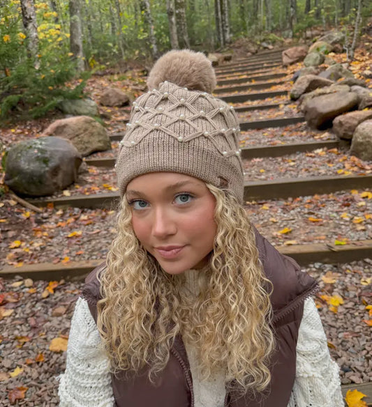 All Pearls Crochet CC Pom Beanie: Camel