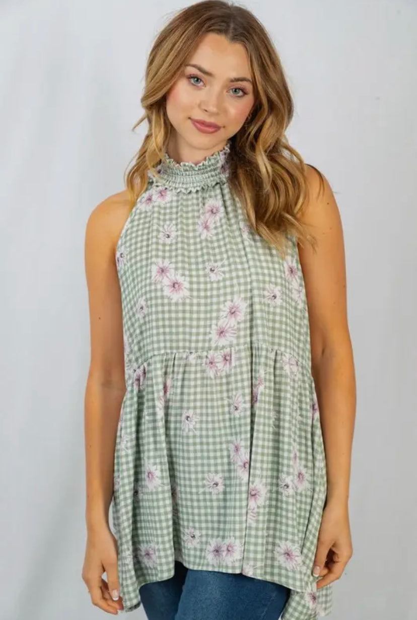 Gingham Sleeveless top: Sage