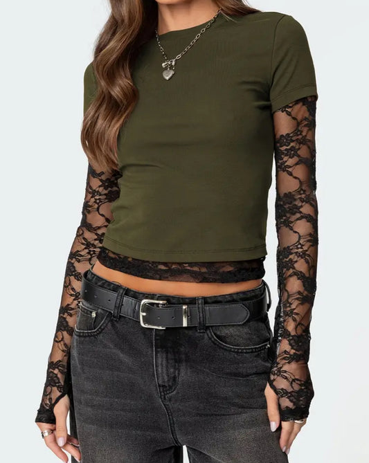 Rock N Roll Lacey Layered Crop Top: Green