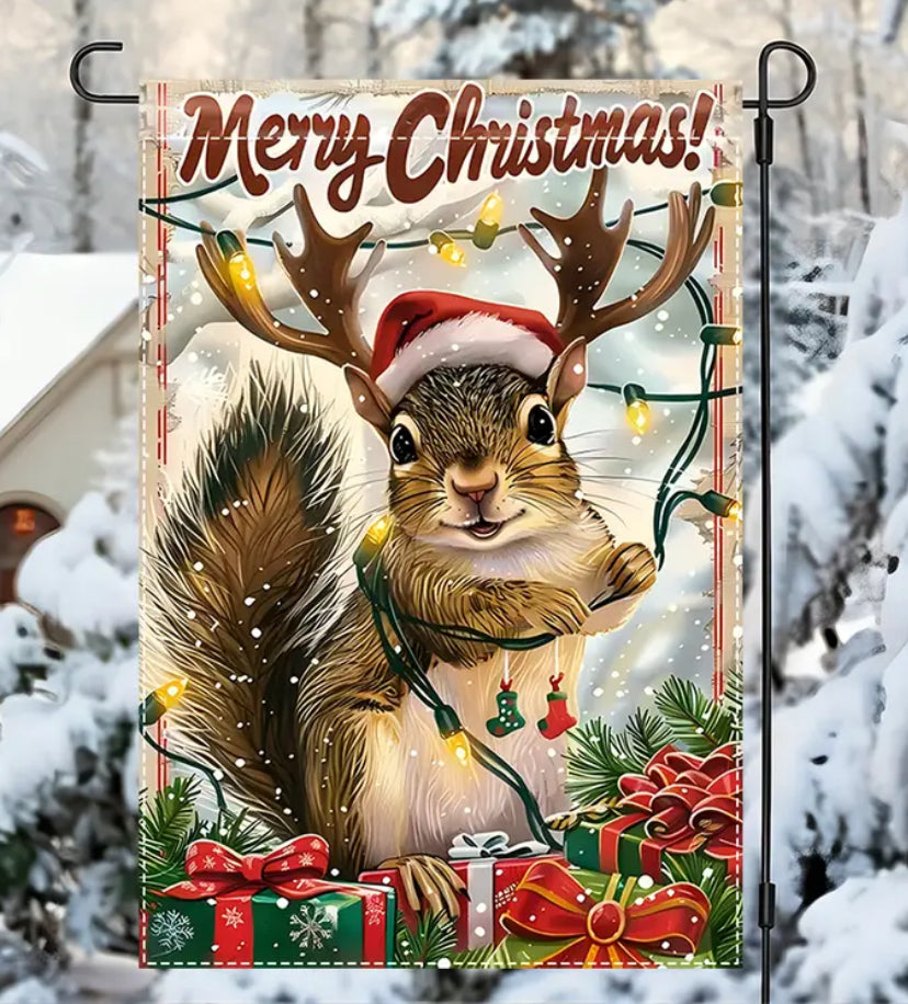 Christmas Squirrel w/santa hat Garden Flag