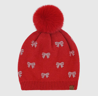 Mini Bows Rhinestone CC Pom Beanie: Red