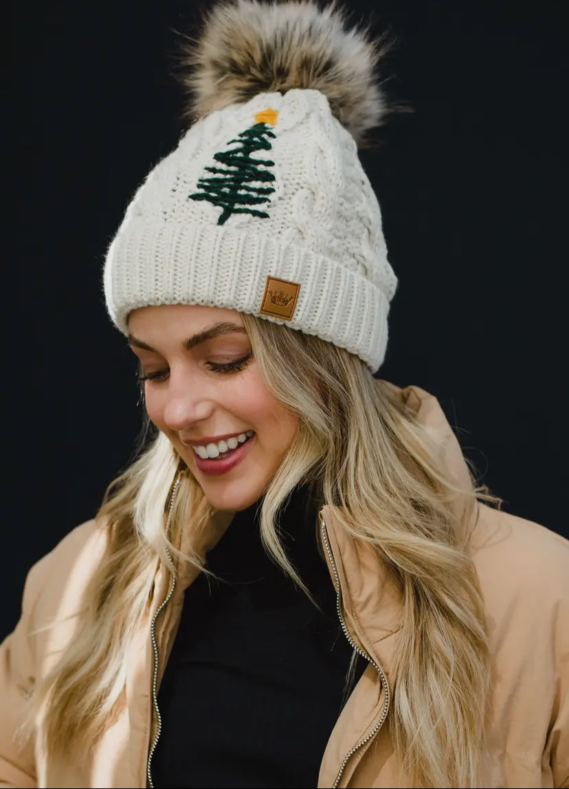 Oh Christmas Tree Beige Cable Knit Pom Beanie