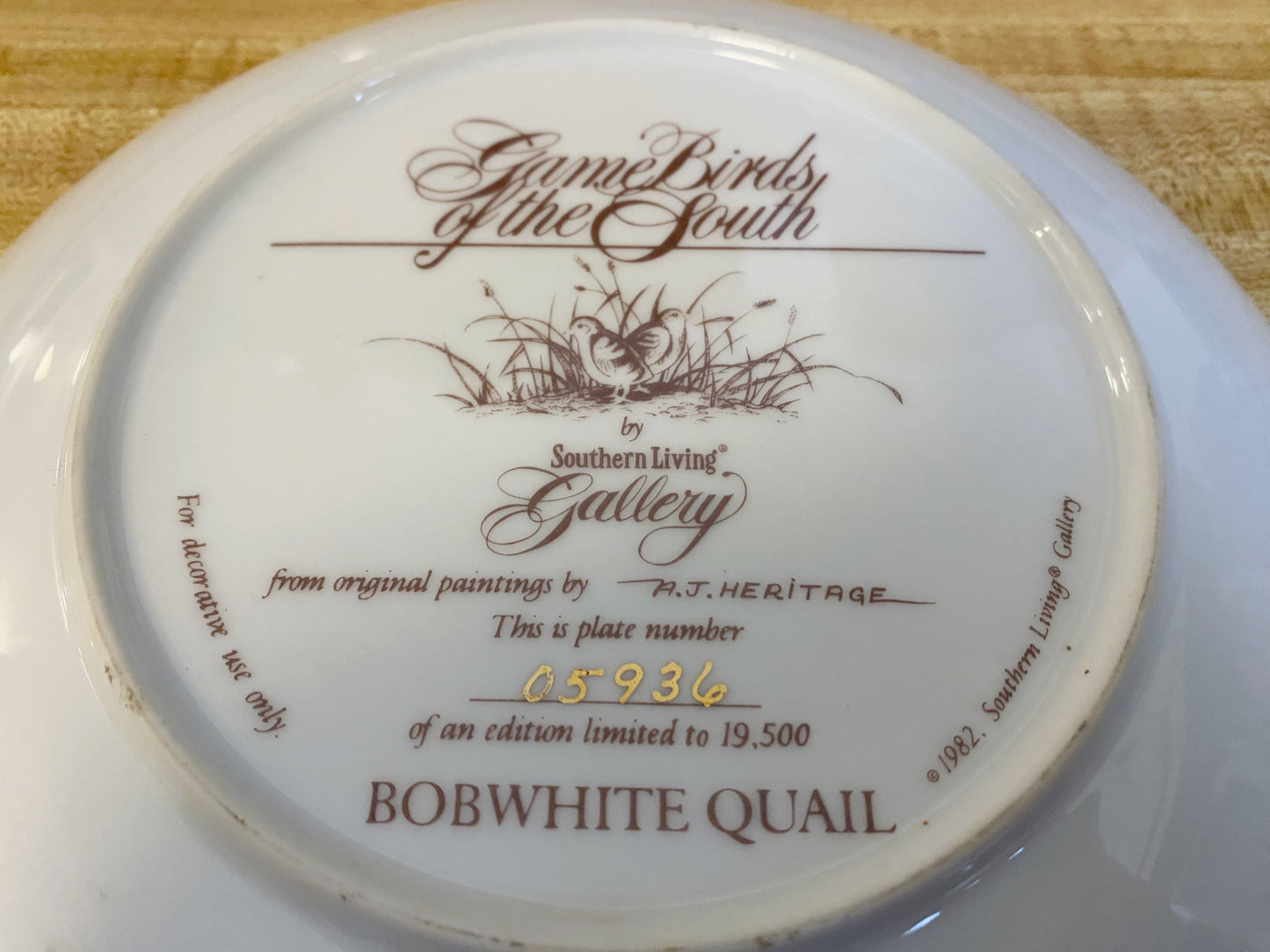 Game Birds of the South Decorative Plate: Bobwhite Quail