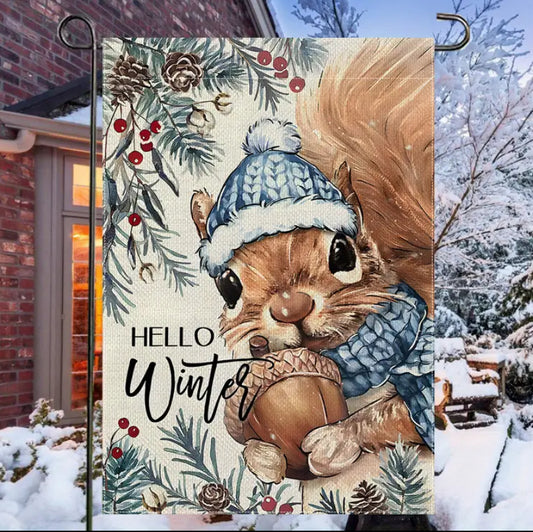 Squirrel Hello Winter garden flag