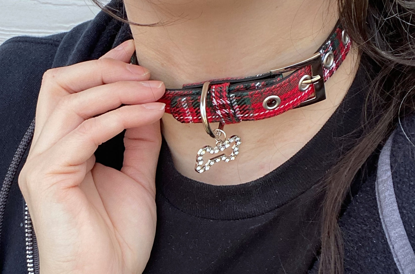 Plaid Rhinestone Dog Bone Collar Necklace