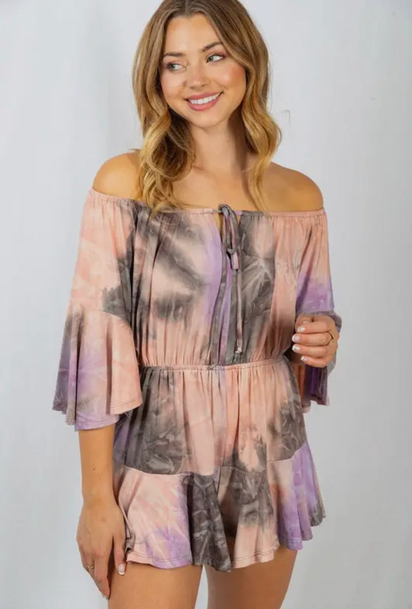 Tie Dye Off Shoulder Romper: Mocha