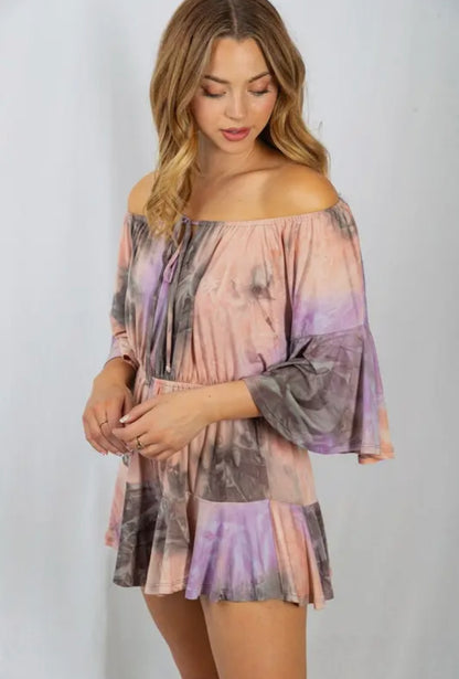 Tie Dye Off Shoulder Romper: Mocha