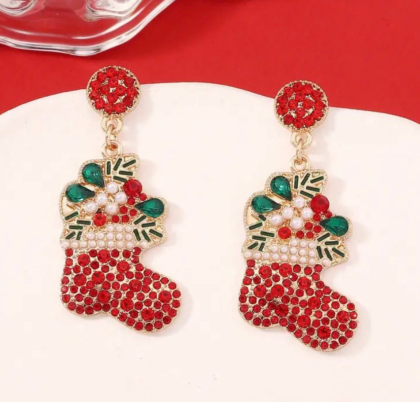 Christmas Stocking Rhinestone Earrings: red