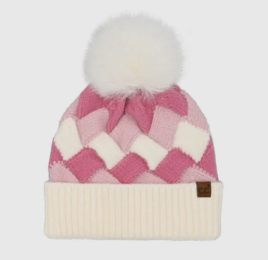 Colorblock Chunky Weaved CC Pom Beanie