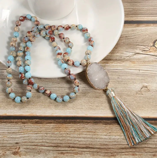 Boho Tassel Necklace: Light Blue