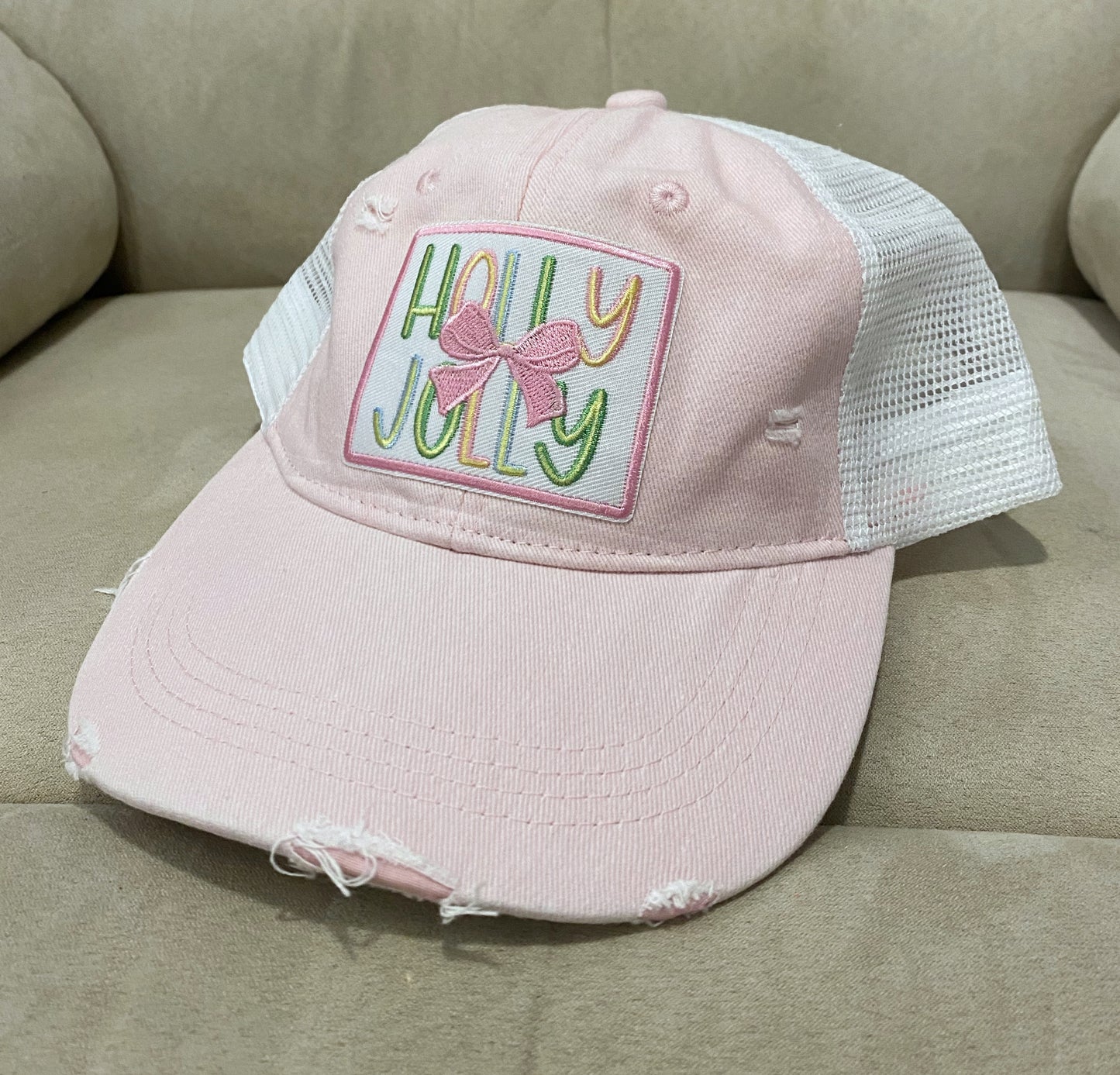 Holly Jolly Distressed Trucker Hat: Light Pink/White