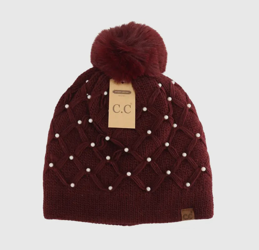 All Pearls Crochet CC Pom Beanie: Burgundy