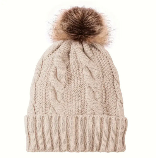 Beige pom knit beanie