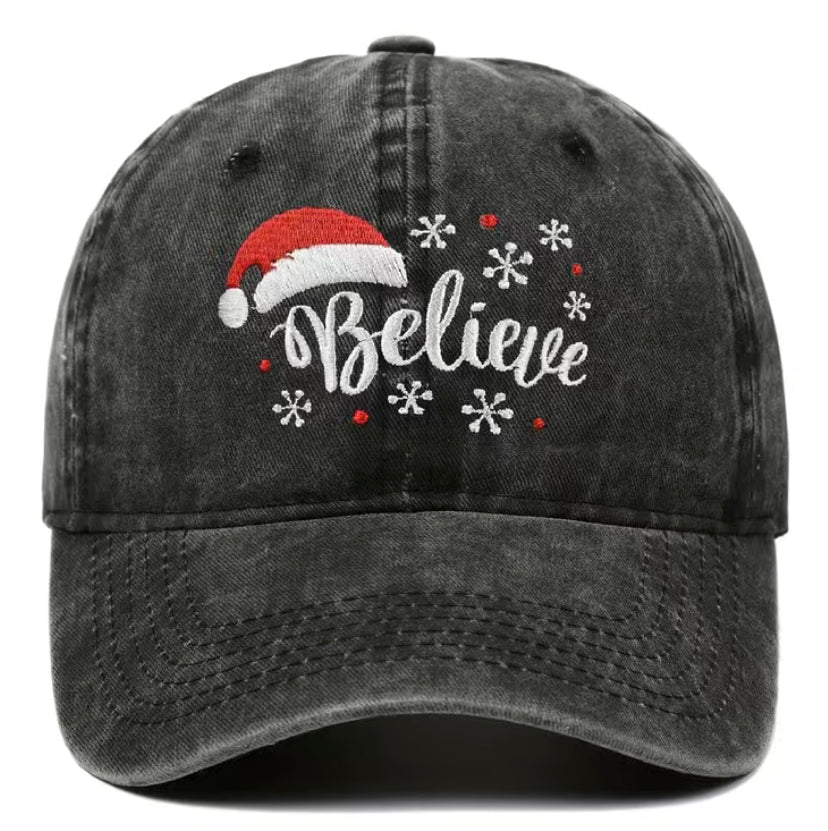 Believe, Santa hat, Black, Holiday, Christmas, Festive, Embroidered, Plush, Seasonal, Joy, Cheer, Magic, Spirit, Celebration, Accessory, Comfortable, Tradition, Statement, Festivity, Holiday attire