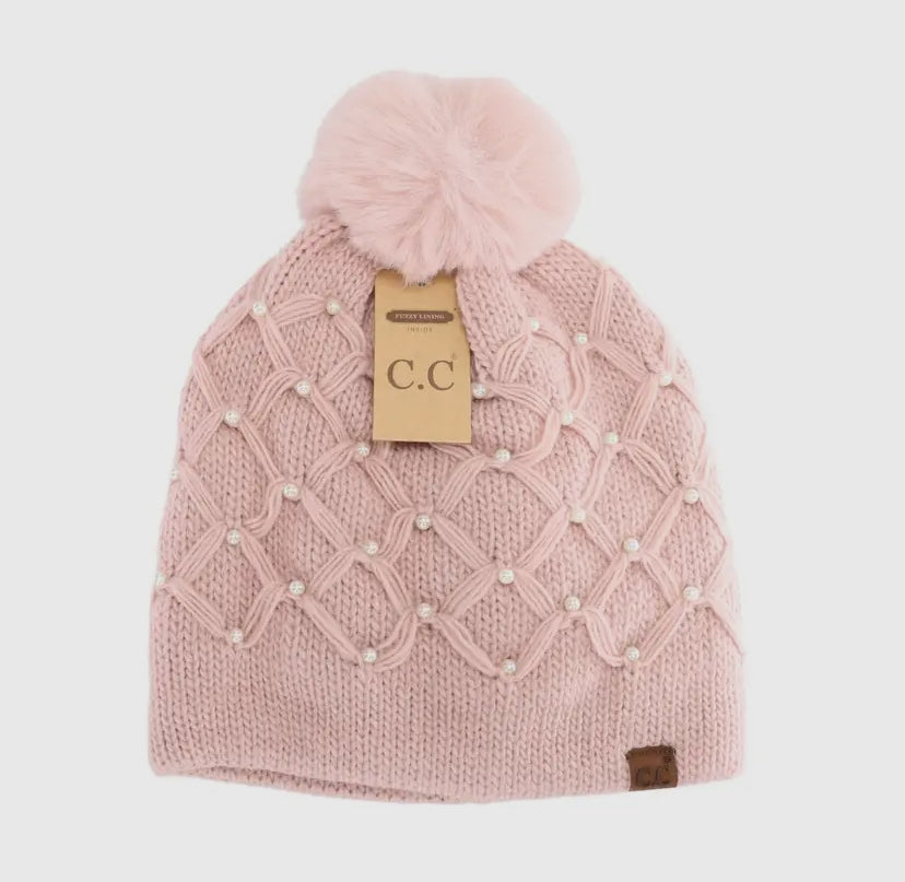 All Pearls Crochet CC Pom Beanie: Pink