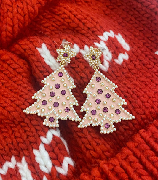 Pink Rhinestone Christmas Earrings