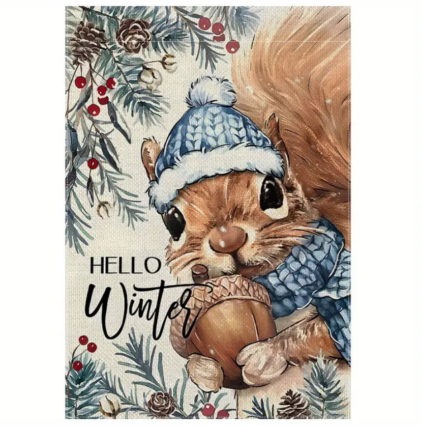 Squirrel Hello Winter garden flag