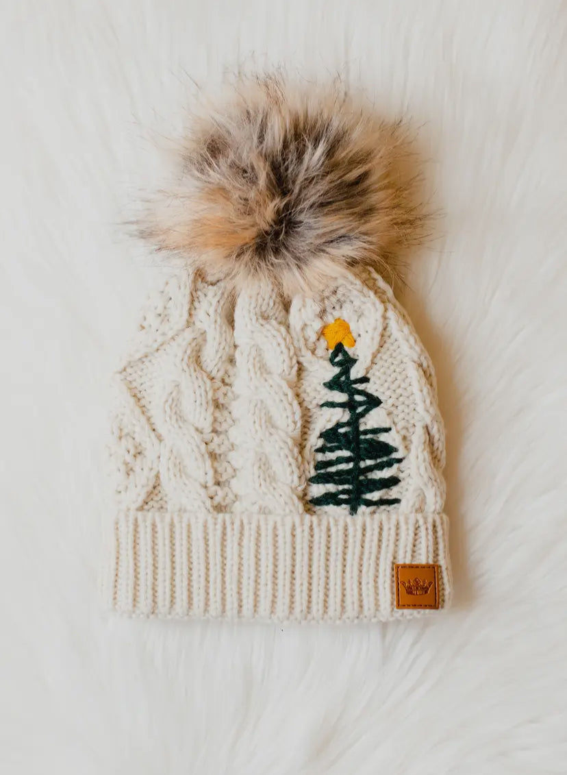 Oh Christmas Tree Beige Cable Knit Pom Beanie