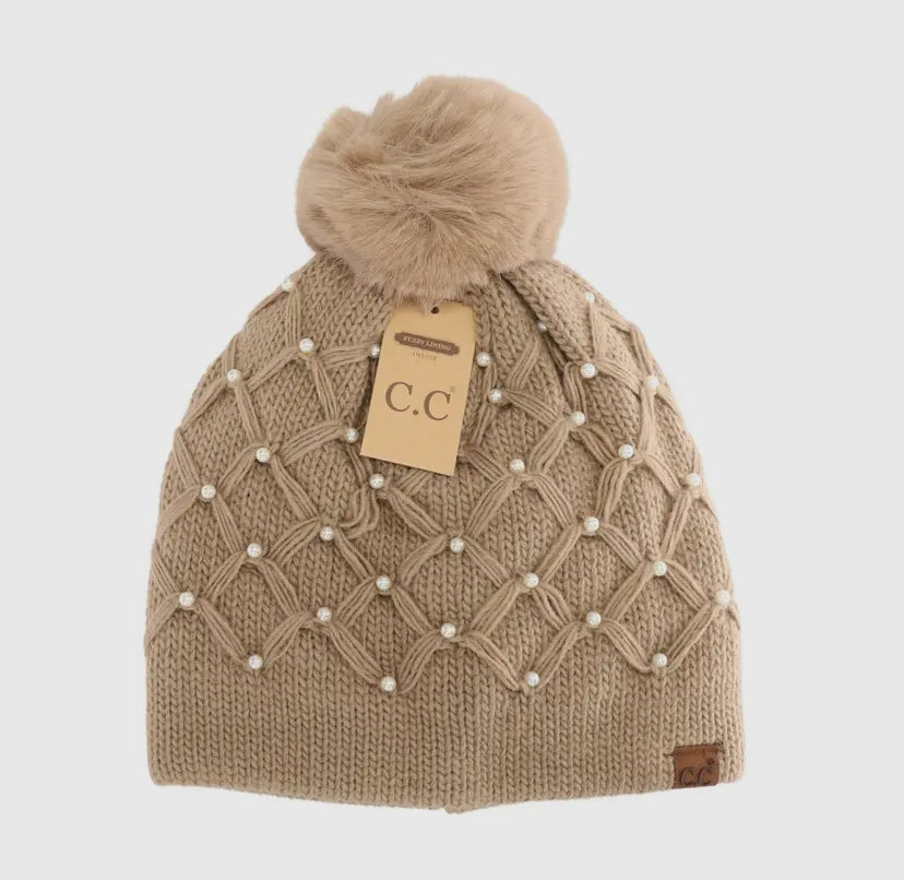 All Pearls Crochet CC Pom Beanie: Camel