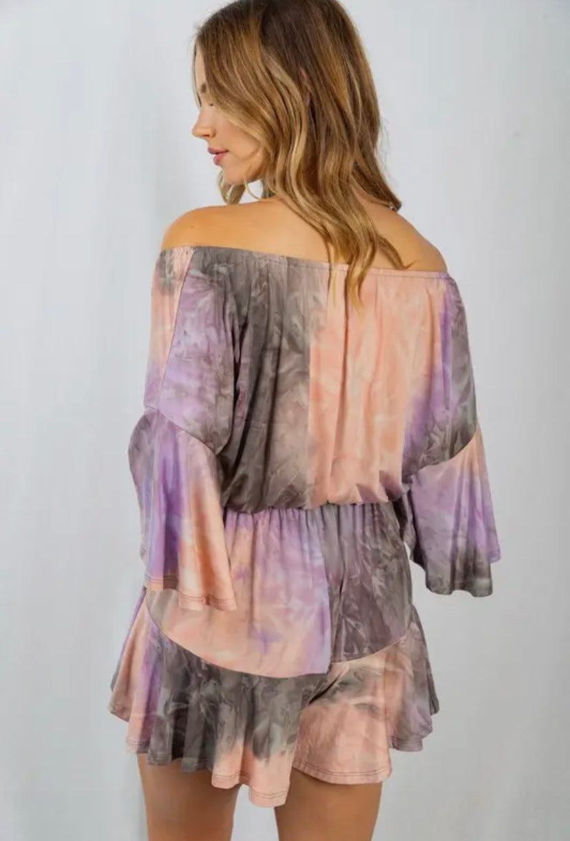 Tie Dye Off Shoulder Romper: Mocha