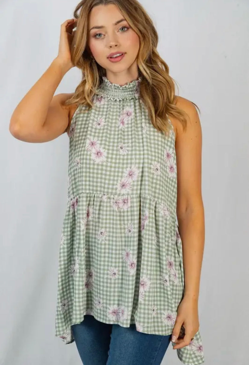 Gingham Sleeveless top: Sage