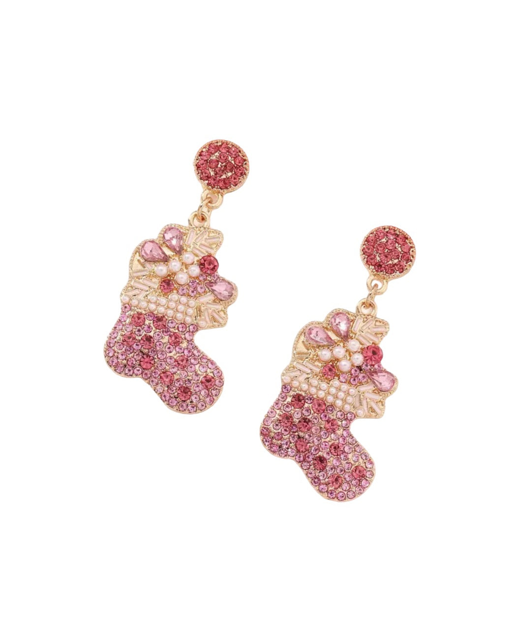 Christmas Stocking Rhinestone Earrings: pink