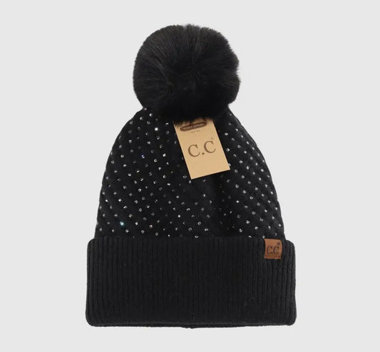 All Over Rhinestones CC Pom Beanie: Black