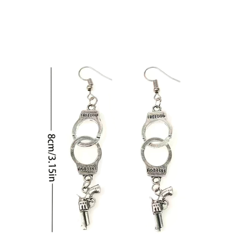 Pistol and handcuff earrings