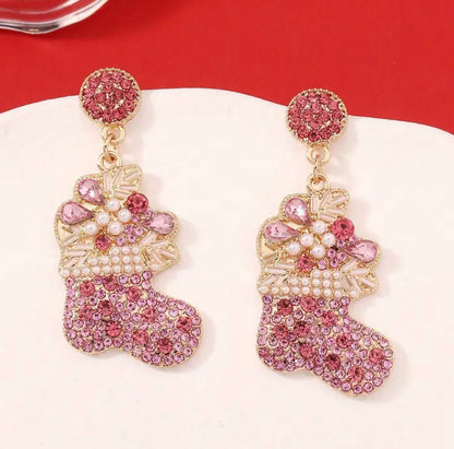 Christmas Stocking Rhinestone Earrings: pink