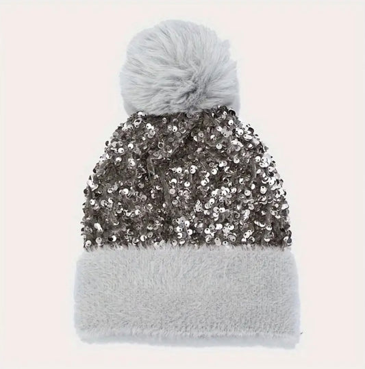 Glitzy Glam Pom Beanie: Silver