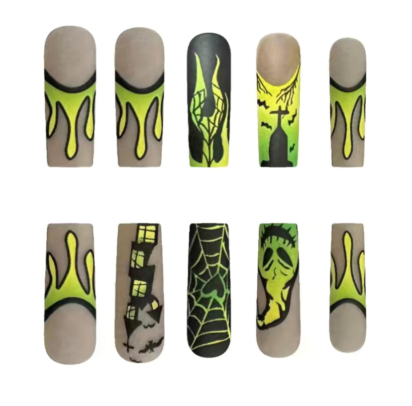 Green Flame Haunted House Nails