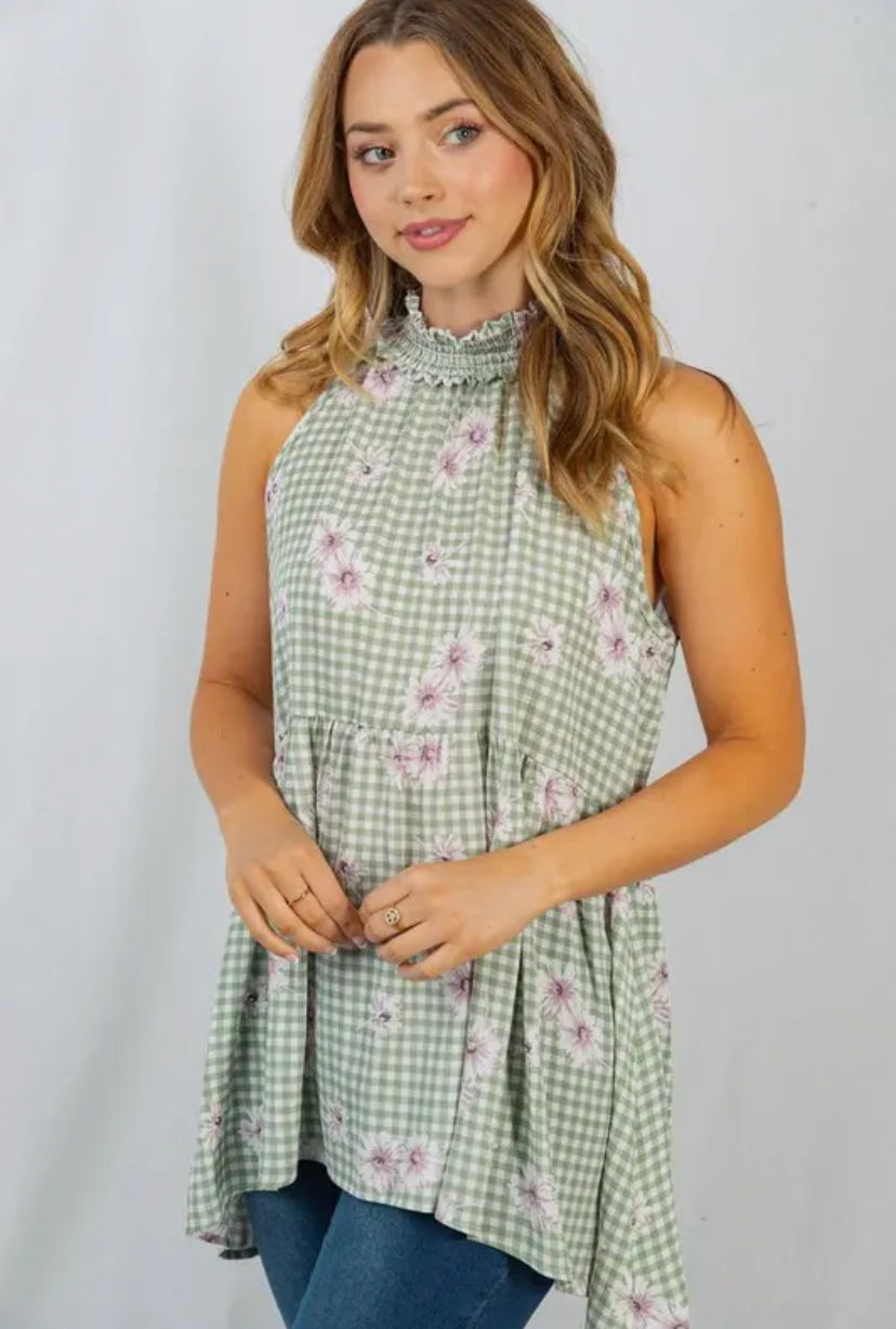 Gingham Sleeveless top: Sage