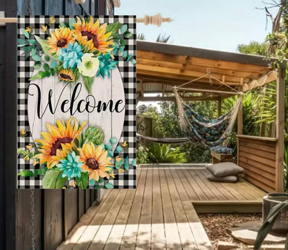 Welcome Flowers Bouquet plaid garden flag