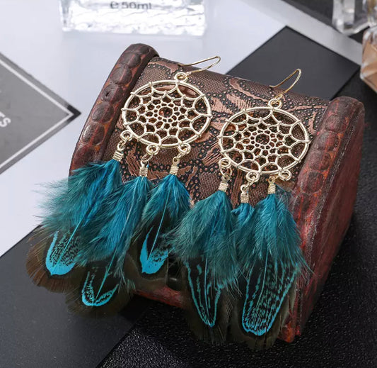 Feather Dreamcatcher Earrings Blue